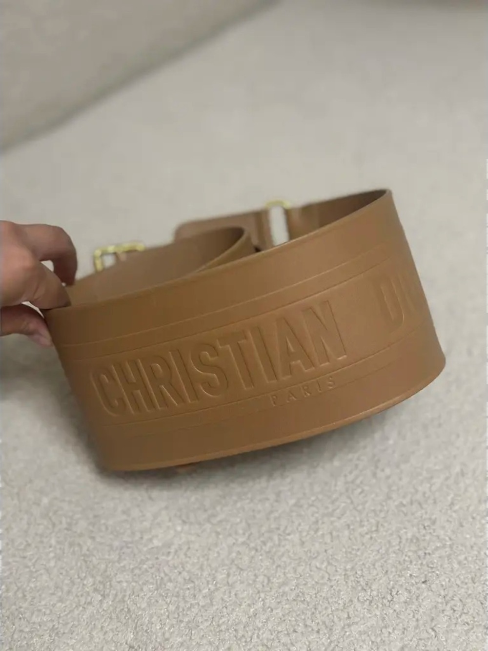 Dior Wide Embossed Leather Belt Bag Strap in Tan with Gold Hardware